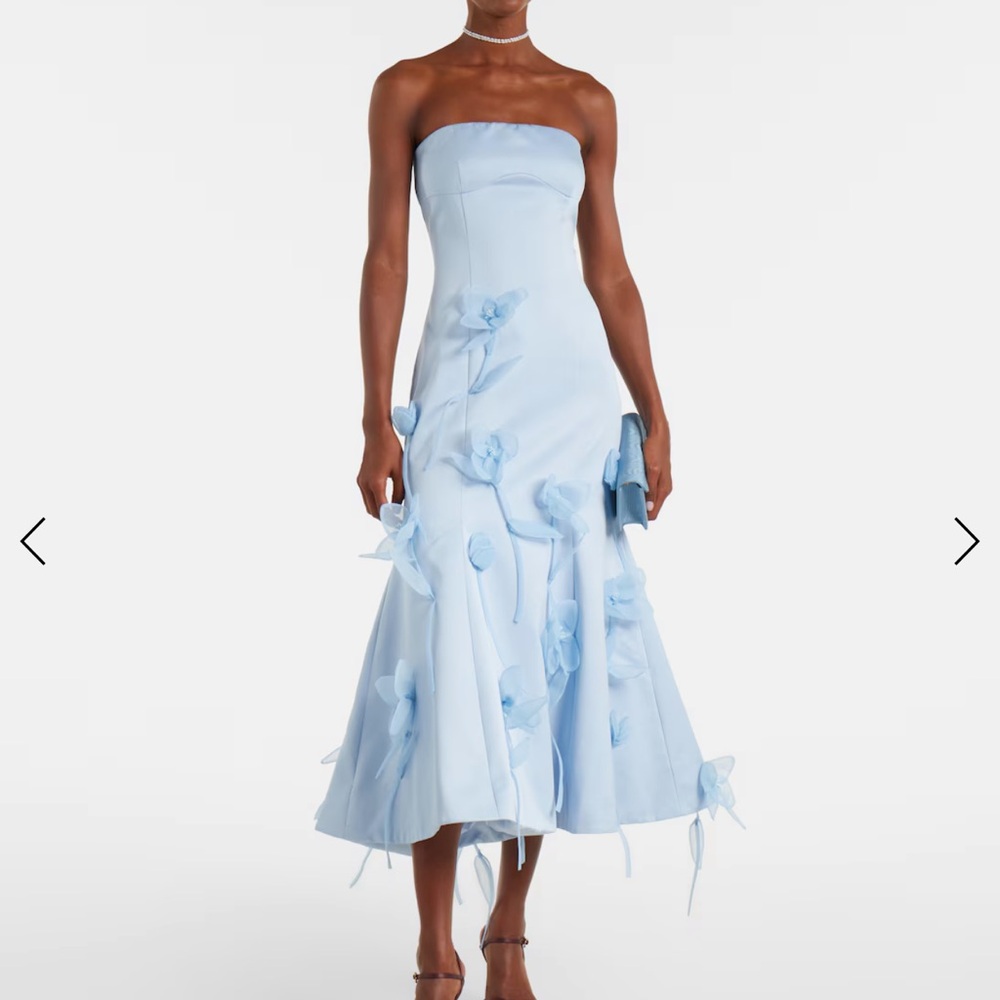 Strapless Powder Blue Midi Dress with Floral Appliqué
